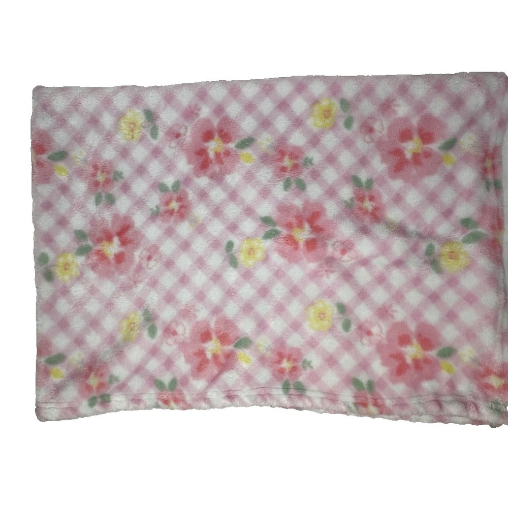 Little Joy Baby Blanket Pink Flowers Checkered Yellow Soft Plaid 30x40